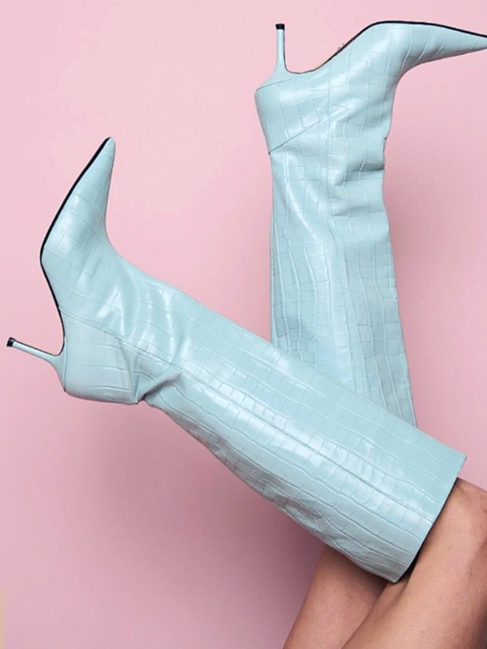 ZARA Light Blue Croc Embossed Leather Knee High Boots NEW Size 38